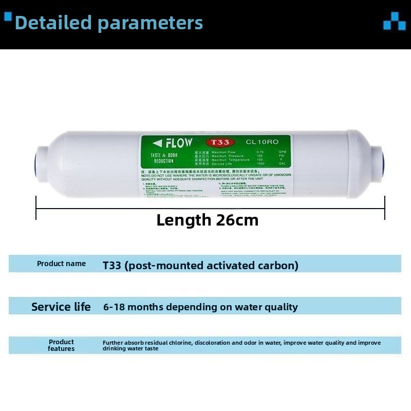 Carbon Filter Inline - T33 Aktivkohle-Filterpatrone mit 1/4 Zoll Gewinde